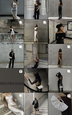 a series of photos showing different models in black and white outfits, with the caption's description below