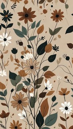 an image of flowers and leaves on a beige wallpaper background with brown, green, white and grey colors