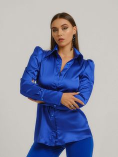 Long Sleeve Satin Shirt For Night Out, Satin Long Sleeve Shirt For Night Out, Fitted Luxury Silk Blouse, Luxury Long Sleeve Satin Shirt, Luxury Silk Fitted Blouse, Luxury Satin Tops, Blue Long Sleeve Party Shirt, Luxury Button-up Party Top, Blue Silk Luxury Tops