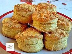 some biscuits are on a red and white plate