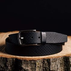 Handcrafted with full grain leather and finished with a textured pattern, this belt is perfect for formal wear and dress pants.All our belts are made from one solid piece of leather. No bonded belts, period. This results in a belt that minimizes stretch and will never break or crack at the holes. The tough full grain leather is taken from the hide and handcrafted into a belt that you'll pass down to your kids. Department stores sell similar LOOKING belts, but they use cheap bonded leather of "ge Black Formal, Department Stores, Central African, Brand Story, Brown Shoe, Leather Belts, British Indian Ocean Territory, To Shine, Leather Design