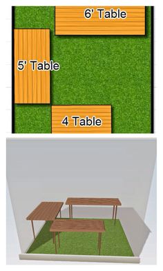 the table and bench are shown in three different views, each with four tables on it