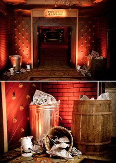 there are two pictures of the inside of a building with trash cans and buckets