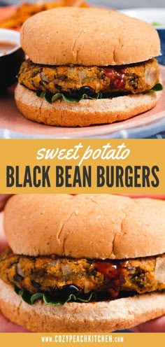 two pictures of a sandwich with black bean burgers on it and the words sweet potato black bean burgers