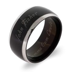 a black and silver wedding ring with the words, i am fisher written on it