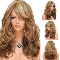 Long Wavy Cosplay Daily Wigs Ombre Brown Golden Blonde Wig with Bangs for Women Blond Ombre, Blonde Wigs, Gold Blonde, Long Curly Wig, Full Wig, Blonde Pixie Cuts, Full Hair, Short Wavy, Hair Blonde