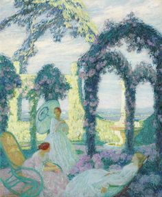 a painting of two women sitting on lawn chairs in front of an arch with flowers