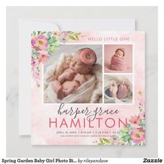 a birth announcement card with pink flowers and photos