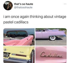 an old pink car with the word cadillac on it's side and pictures of other cars