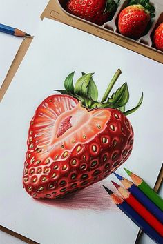 a drawing of a strawberry with colored pencils next to it