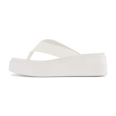 Meet Pippin, a thong platform sandal. Featuring a memory foam insole and a soft vegan leather upper, Pippin will provide all-day comfort for your feet. Pippin has a soft, light and flexible outsole with a 2 inch platform wedge. White Sandals Outfit Casual, Flip Flops Outfit Summer, H2o Clothes, Alice Accessories, White Platform Flip Flops, Platform Sandals White, Platform Thong Sandals, 19th Bday, Beach Wedges