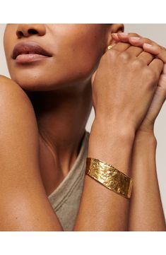 Satin shine and a hammered finish give a seaworn look to this 18-karat-gold-vermeil cuff bracelet. Exclusive US retailer Sterling silver/recycled 18k-gold plate Imported Monica Vinader, Hammered Gold, Metal Shop, Sterling Silver Cuff Bracelet, Demi Fine Jewelry, Gold Branding, I Love Jewelry, Sterling Silver Cuff, Jewelry Inspo