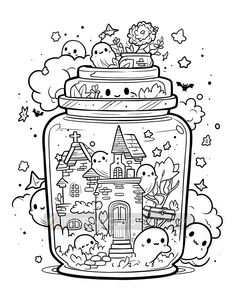 a jar filled with lots of cute little animals and houses in it, surrounded by clouds