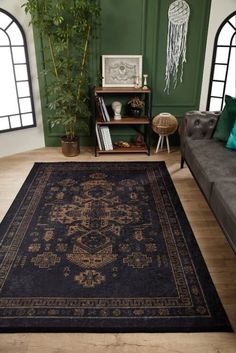 a living room filled with furniture and a rug on top of a hard wood floor