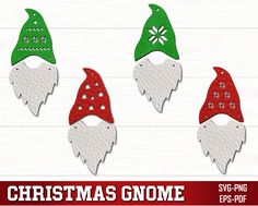 three christmas gnomes with red and green hats on white wood planks for text