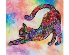 a painting of a cat on a multicolored background