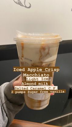 we love caffeine :) if you wanna try this drink, read how to order it from the description or the photo and you’re all set <3 Starbucks Recipes Iced, Iced Apple Crisp Macchiato, Apple Crisp Macchiato