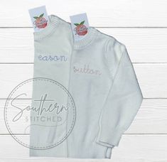 **Please note that this item is a pre-sale item. Upon purchase, it can take between 4-6 weeks to receive your item. This adorable sweater is perfect for everyday or dressing up. Choose any color from the color chart for the personalized name! This sweater is lightweight and great for year-round wear. White Custom Embroidered Sweater For Fall, White Sweater With Custom Embroidery For Fall, Fitted Embroidered Crew Neck Sweater, White Embroidered Text Sweater For Fall, Monogram Sweater, Birthday Suit, Kids Jumpers, Birthday Girl Outfit, Monogram Wreath