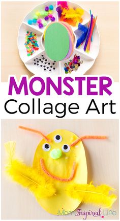 the monster collage art project for kids to make with paper plates and construction materials