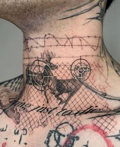 a man with tattoos on his neck is wearing a horse and carriage pattern tattoo design