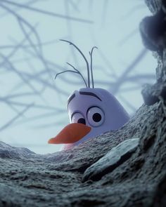 an animated character is peeking out from behind a tree branch with branches in the background