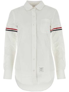 white cotton logo patch to the front RWB stripe classic collar front button fastening long sleeves curved hem White Tops With Signature Stripes For Workwear, White Button-up Top With Contrast Stripes, Classic Workwear Tops With Signature Stripes, White Shirt With Striped Collar For Work, Classic Tops With Signature Stripes For Work, White Long Sleeve Shirt With Contrast Stripes, Classic Long Sleeve Tops With Striped Cuffs, Classic White Tops With Striped Collar, Classic White Top With Striped Collar