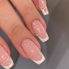 French Christmas Nails Square, Pretty Elegant Acrylic Nails, Nails For Sequin Dress, Wedding Nails With Design, Cute Short Squoval Nails, French Nail Designs Glitter, Nails For A Purple Dress, Squoval French Tip Nails Short, Prom Nails Acrylic Square