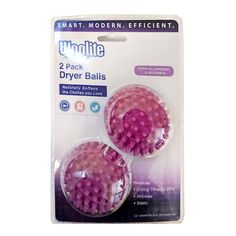 two pack of dryer balls with pink and purple beads on the front, in packaging