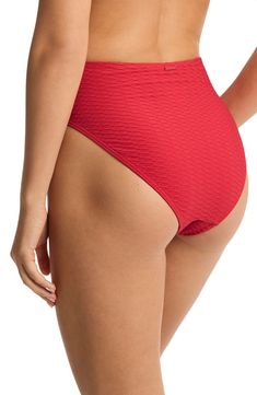 Take a dip in these bikini bottoms designed with shapely powermesh support and subtle texturing inspired by the sea. Moderate back coverage Powermesh lining 73% polyester, 27% elastane Hand wash, line dry Imported Red Nylon Beachwear Bottoms, Red Nylon Bottoms For Beach Season, Stretch Solid Textured Swimwear, Textured Stretch Solid Color Swimwear, Stretch Textured Solid Color Swimwear, Textured Solid Color Stretch Swimwear, Red Polyamide Swimwear For Beachwear, Red Nylon Swimwear Bottoms, Sea Level