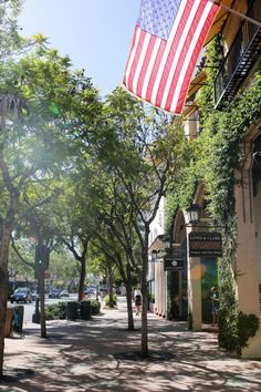 an american flag hanging from the side of a building on a tree lined city street