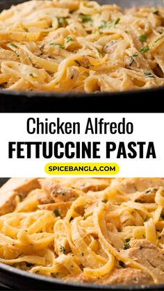 chicken alfredo with fettuccine pasta in a skillet