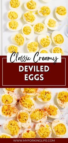 deviled eggs on a white plate with the words classic creams deviled eggs