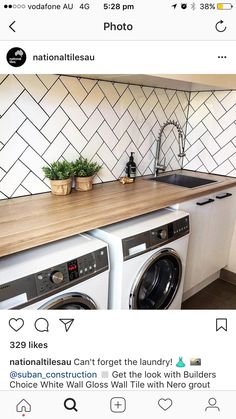 an image of a kitchen with tile backsplash and wood counter tops on instagram