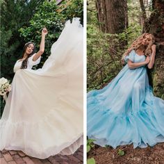 two women in wedding gowns standing next to each other, one holding her dress