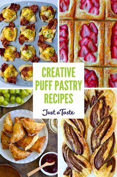 some food and desserts are shown in this collage with the words creative puff pastry recipes