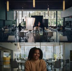 two images one showing a woman and the other shows a man sitting at a table