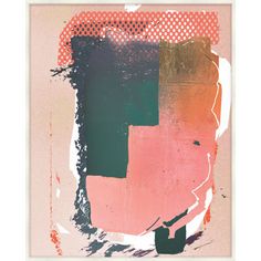 an abstract painting with pink, green and orange colors on it's side in white frame