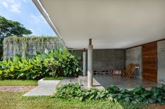 the interior of a modern house with concrete walls and green plants in the foreground