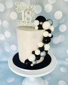 Monochrome themed birthday cake, white black and silver cake White 18th Birthday Cake, Boys 18th Birthday Cake, White Fondant Cake, Christmas Birthday Cake, Fondant Cakes Birthday, 18th Cake, Fondant Flower Cake, 70th Birthday Cake