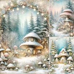 a christmas scene with mushrooms and houses in the snow, surrounded by lights on trees