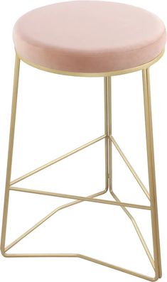 a pink stool with gold legs and a round cushion on the top, against a white background