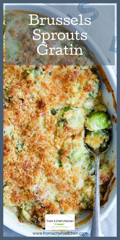 Brussels Sprouts Gratin in white oval baking dish with serving spoon scooping up some of the Brussels sprouts. Brussel Sprouts Au Gratin, Brussel Sprout Casserole, Baked Brussel Sprouts, Brussels Sprouts Gratin, Roasted Brussels Sprouts, Roasted Brussel Sprouts, Vegetable Sides