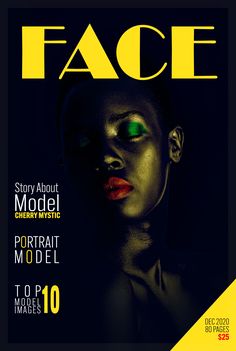 the front cover of face magazine with an image of a woman's face and green eyes