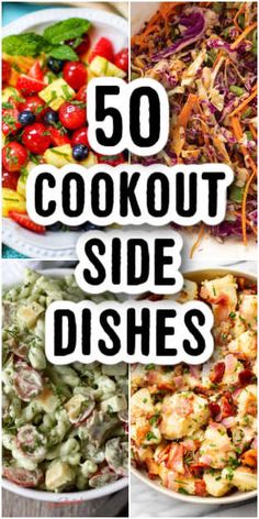 the words 50 cookout side dishes on top of pictures of different types of salads