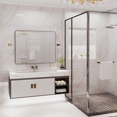 a white bathroom with marble walls and floor