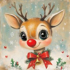 a painting of a reindeer with red nose and antlers on it's head