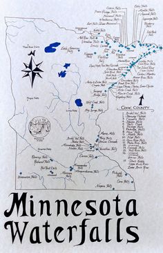 the minnesota water falls map is shown in black and white, with blue dots on it