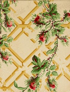 a wallpaper with red flowers and green leaves on gold geometric lines in the background