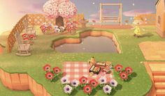 an animal crossing game with flowers and picnic table