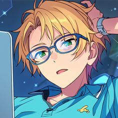 an anime character wearing glasses and looking at the screen with his hand on his head